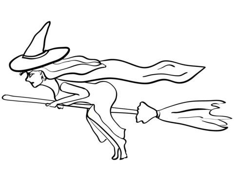 Witch On A Broom Coloring Page